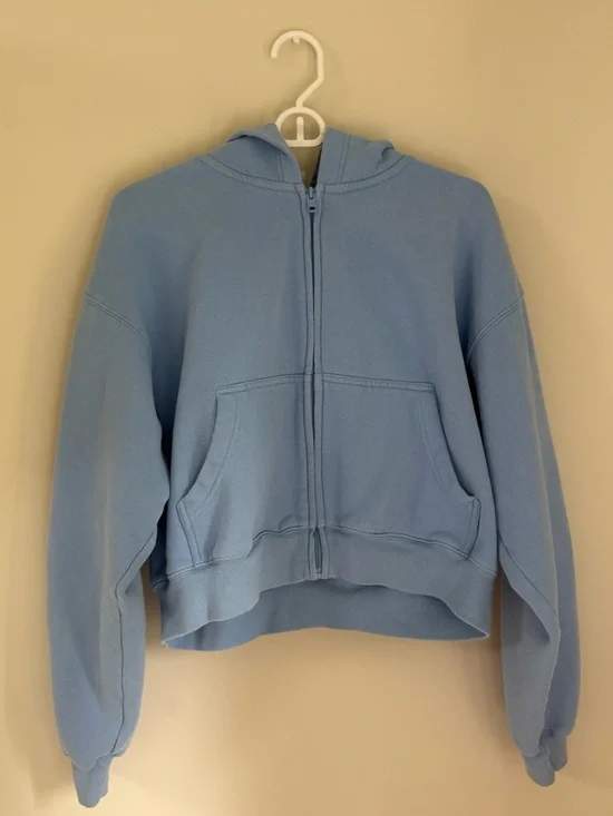 TNA Cozy Fleece Boyfriend Zip Up Hoodie Cropped Light Blue - Picture 1 of 14
